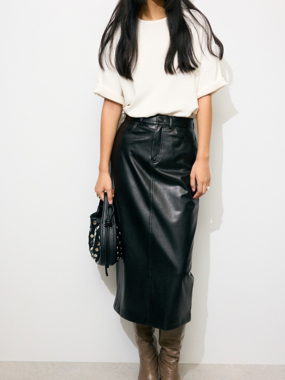 7 For All Mankind Black Faux Leather Midi Pencil Skirt